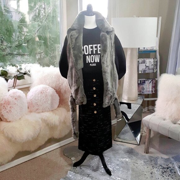 EUC Jakke green grey faux fur biker moto belted vest - Picture 4 of 9